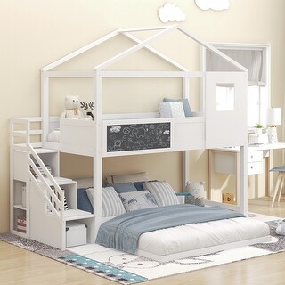 Twin Over Full House Bunk Bed with Storage Staircase and Blackboard, Wood Bunkbed Frame with Guardrail and Window for Kids Teens