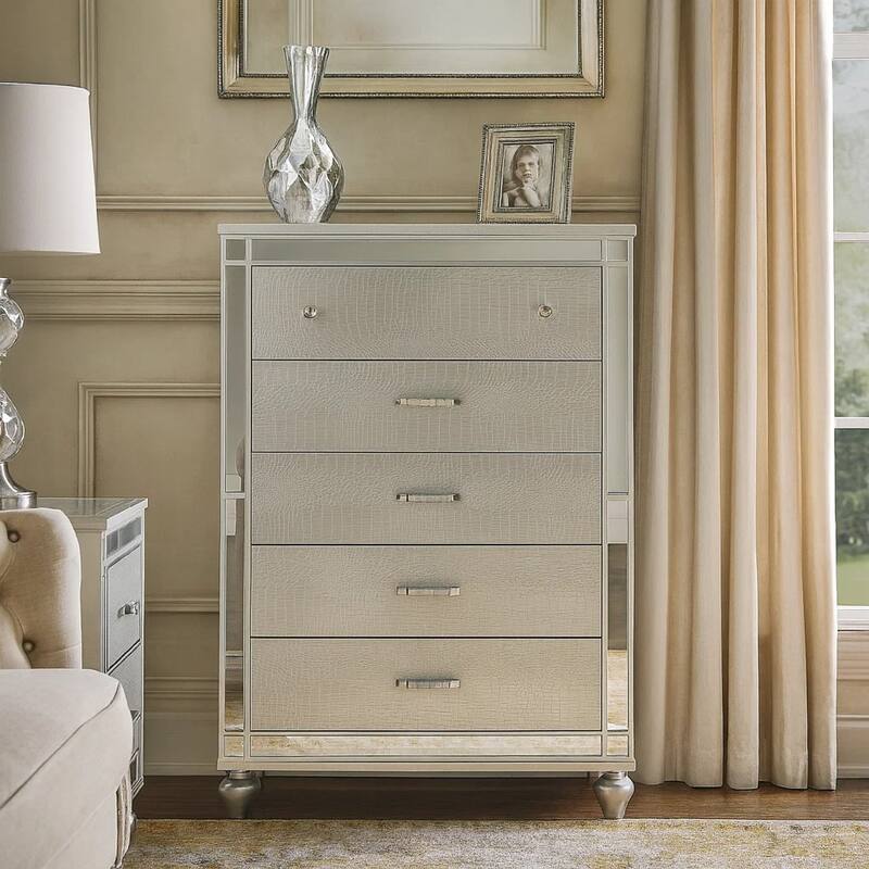Five Drawer Solid Wood Chest with Mirror Accent Trim Front, Silver