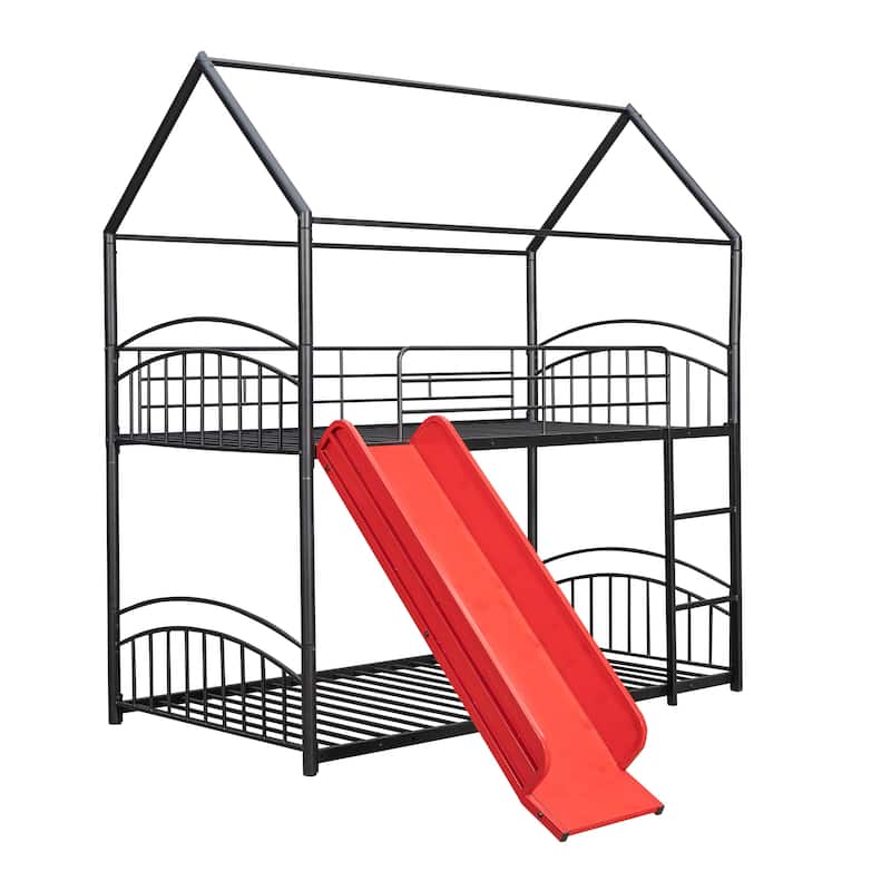 Twin over Twin Size Metal Bunk Bed With Slide, Roof, Fence and Ladder for Bedroom