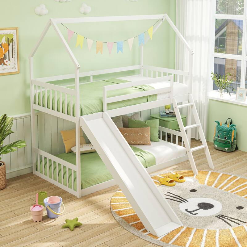 Gymax Twin Over Twin House Bunk Bed w/ Slide Solid Wood Low Bunk Bed