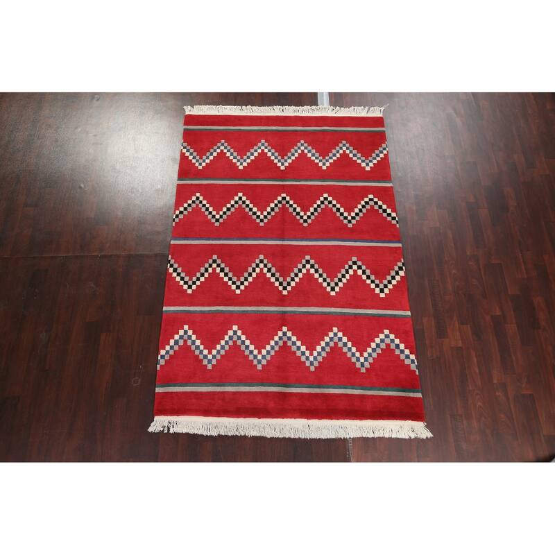 Vegetable Dye Tribal Chevron Nepalese Oriental Wool Area Rug Handmade - 6'0" x 9'0"