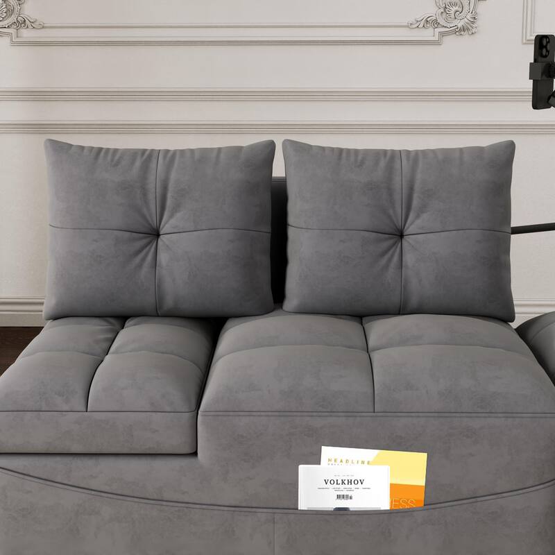 Velvet Pull-Out Bed Loveseat Sofa, Adjustable Back Tufted Futon Sofa with USB port and swivel Phone Stand, Pockets