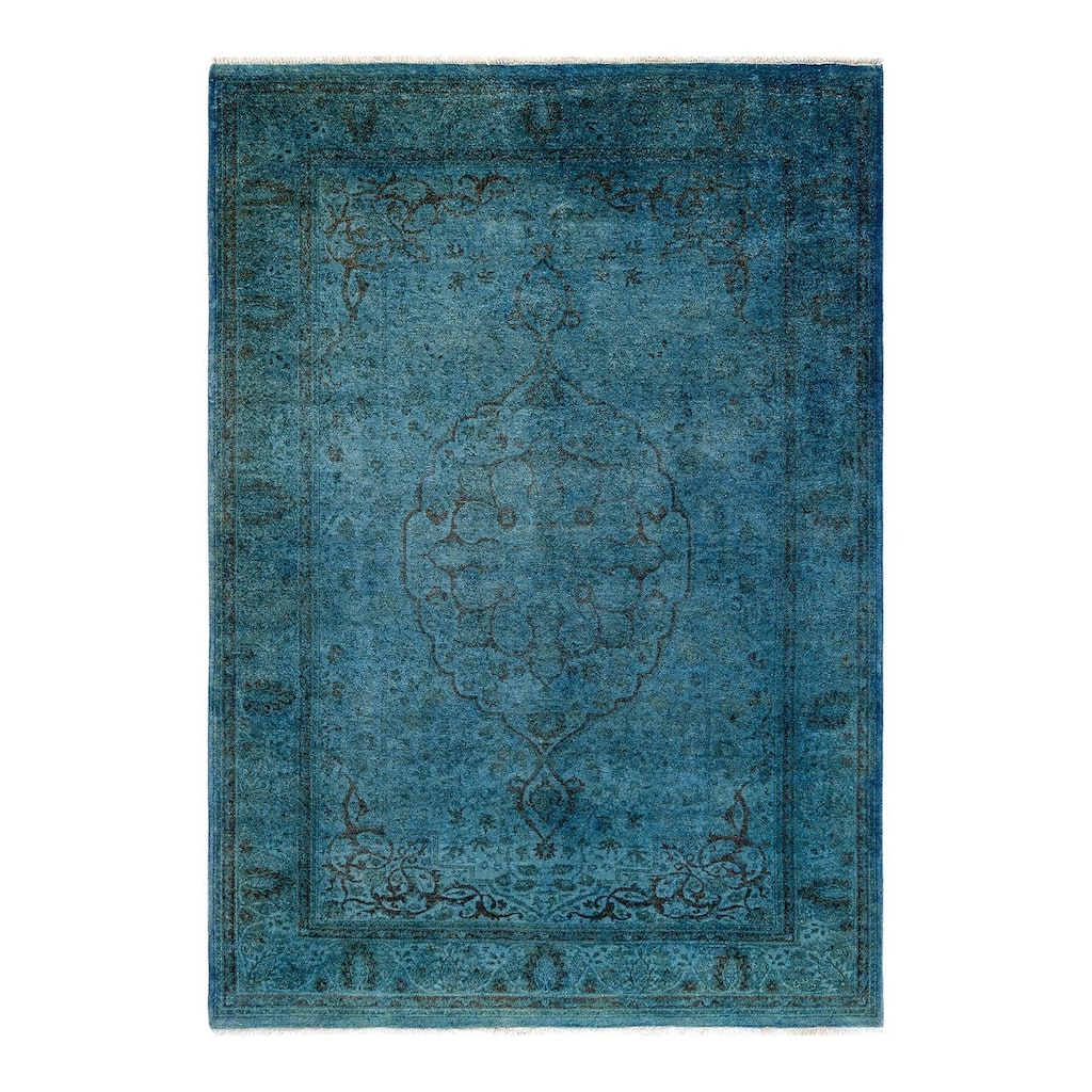 Overton Hand Knotted Wool Vintage Inspired Modern Contemporary Overdyed Blue Area Rug - 4' 2" x 6' 1"