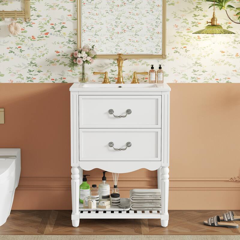 24" Bathroom Vanity with Ceramic Sink, Vintage Wave Design Cabinet with 2 Drawers and Open Shelf