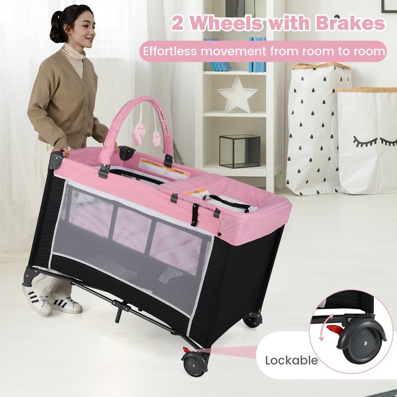 3-in-1 Kids Pack and Play with Changing Table Bassinet, Playpen and Toy Bar - 40.5" x 28" x 28"