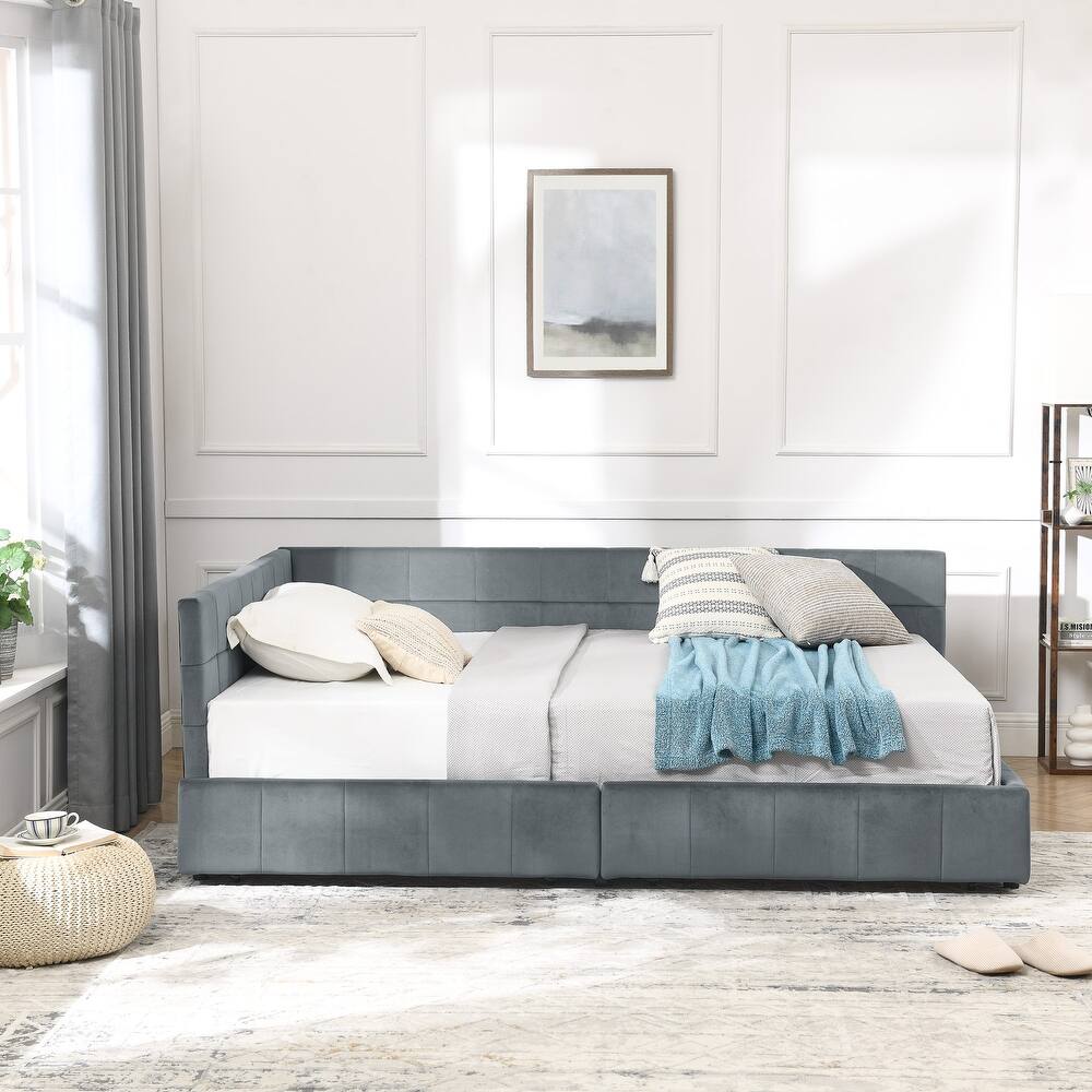 Full Size Upholstered Tufted Bed Frame, Storage Sofa Bed Frame, Velvet Fabric Daybed with 2 Drawers, No Box Spring Needed
