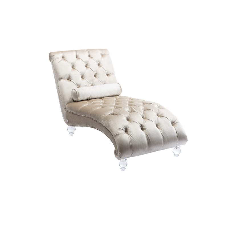 Beige Modern 63.98" Upholstered Buttons Tufted Chaise Lounge Chair with Pillow and Acrylic Legs
