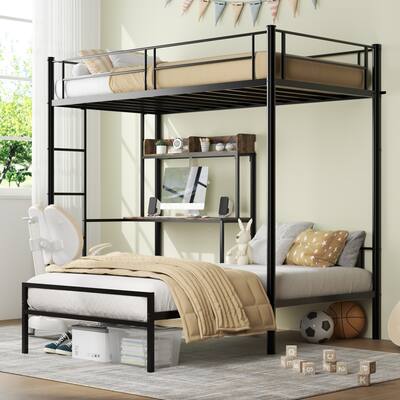Bunk Bed Twin Over Twin Size with Desk and Charging Station,L-Shaped Bunk Bed with Shelves and Bookcase,Guardrail and Ladder