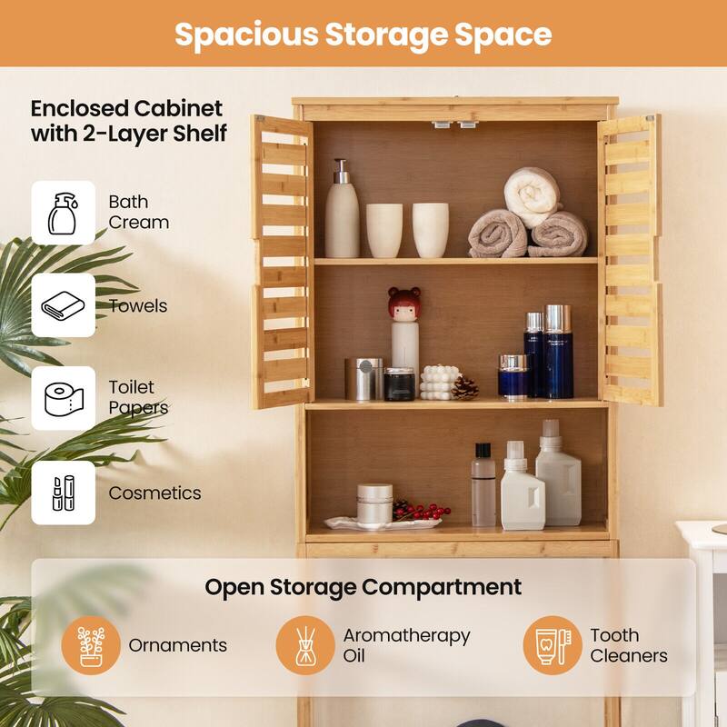 Space-Saving Wicker Bathroom Organizer with Closed Cabinet and Open Shelving for Toiletries - 24.5" x 9" x 67" (L x W x H)