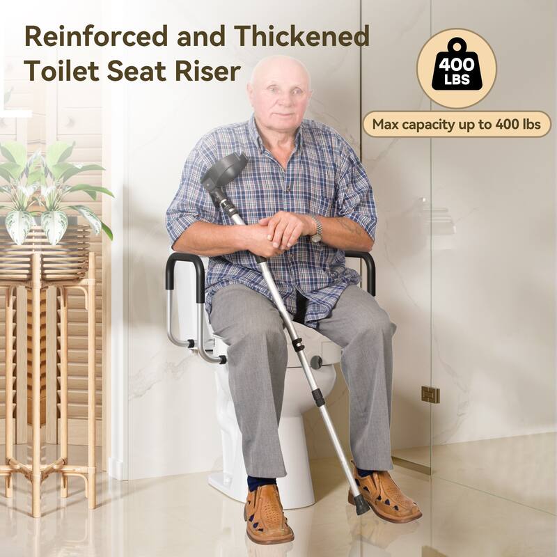 Raised Toilet Seat, 4.5" Riser with Adjustable Soft Padded Arms, Fits Most Elongated Toilets