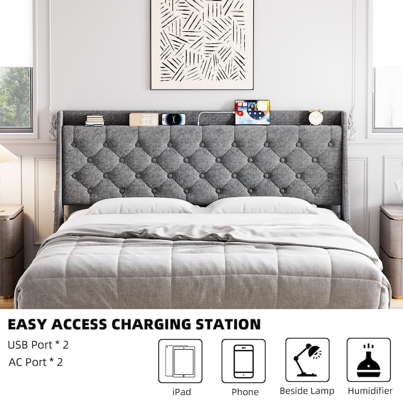 Bed Frame with Upholstered Wingback Headboard