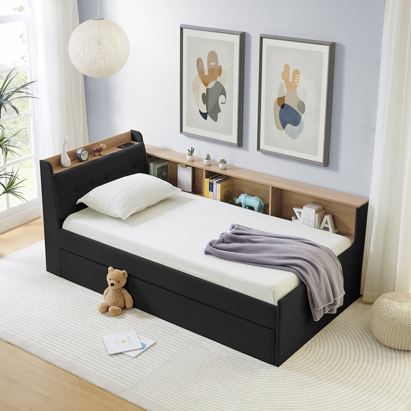 Queen Size Hydraulic Storage Bed with Integrated Headboard, Chenille Fabric - Black