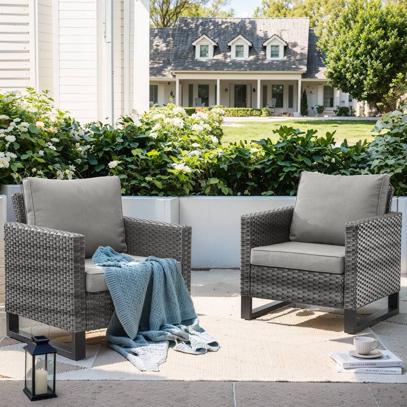 Patio PE Wicker Chair with Cushion Set of 2 - Grey - Grey