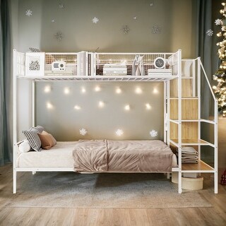 White Twin Over Full Metal Bunk Bed with Lateral Storage Ladder and Wardrobe