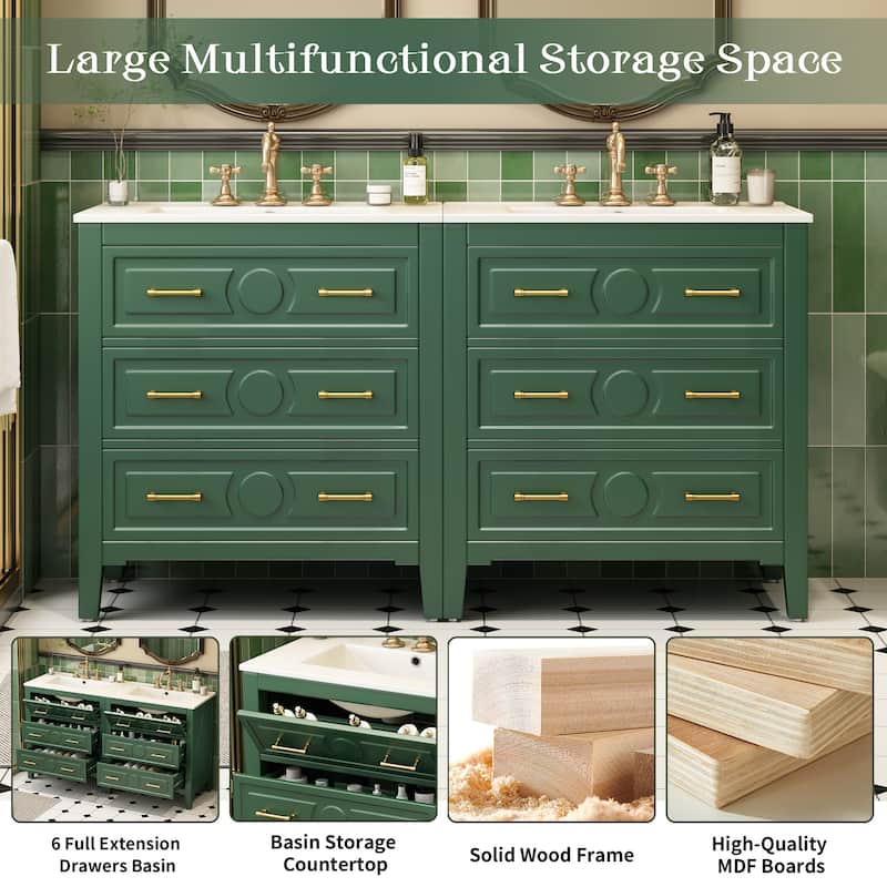 60 Inch Bathroom Vanity with Sink, Solid Wood Cabinet with Ceramic Basin, 3-Drawer Retro Style Storage