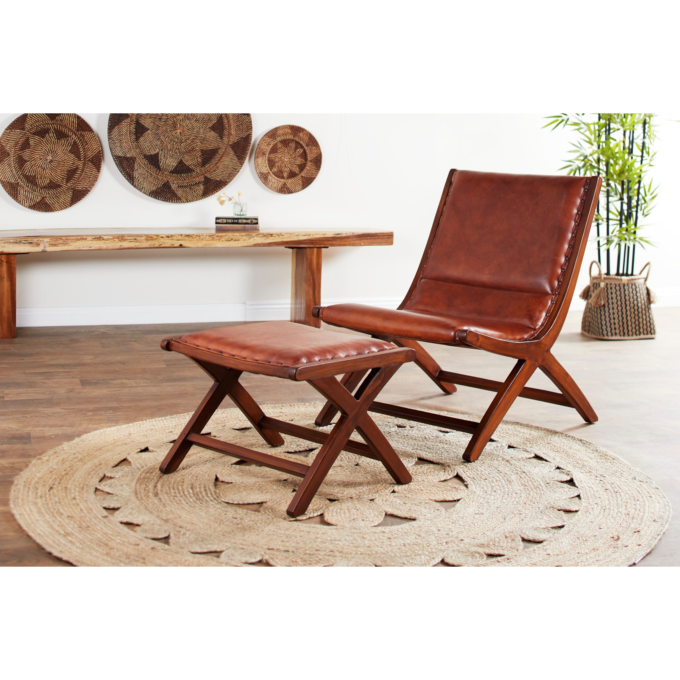 Studio 350 teak wood & brown leather discount chair with ottoman set