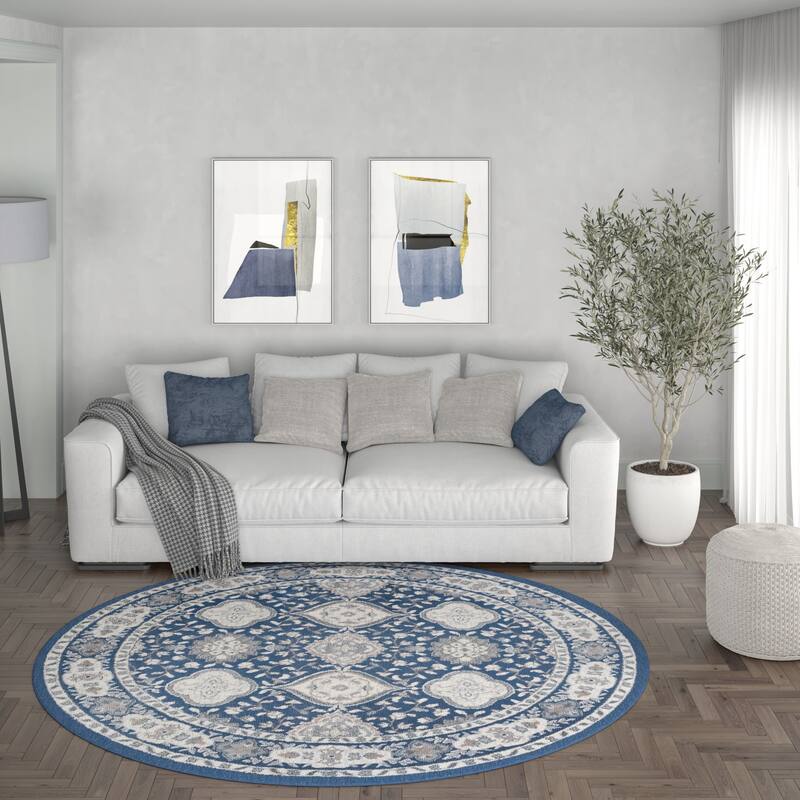 Carrington Traditional Oriental Indoor Area Rug - 7'10'' Round - Navy