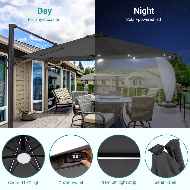 Bonosuki 11Ft Aluminum LED Cantilever Patio Umbrella with Base for Patio Deck Garden