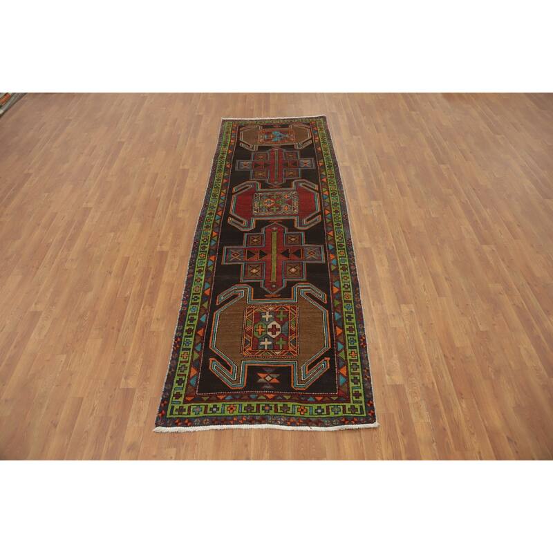 Hand Knotted Oriental 100% Wool Carpet Traditional Tribal Black Ardebil Runner Rug - 10' 0'' X 3' 7''