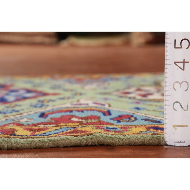 Hand Knotted Oriental 100% Wool Carpet Traditional Geometric Green Kazak Runner Rug - 9' 8'' X 2' 7''