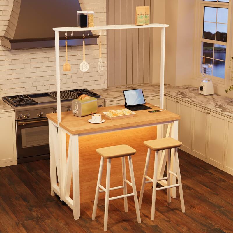 Kitchen Island with Power Outlet & LED Lights, Bakers Rack with Storage, Large Kitchen Island Table with 3 Tier