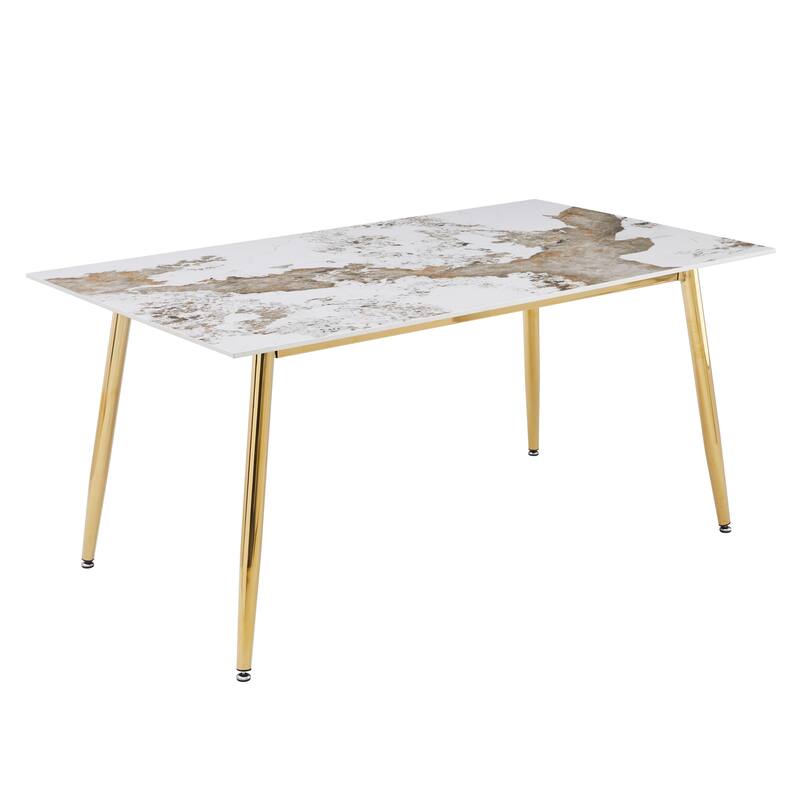 Zayle Modern Mid-Century Glass or Sintered Stone Rectangular Tabletop Dining Table with Powder-Coated Gold Steel Base - 71" Wide - White Grey