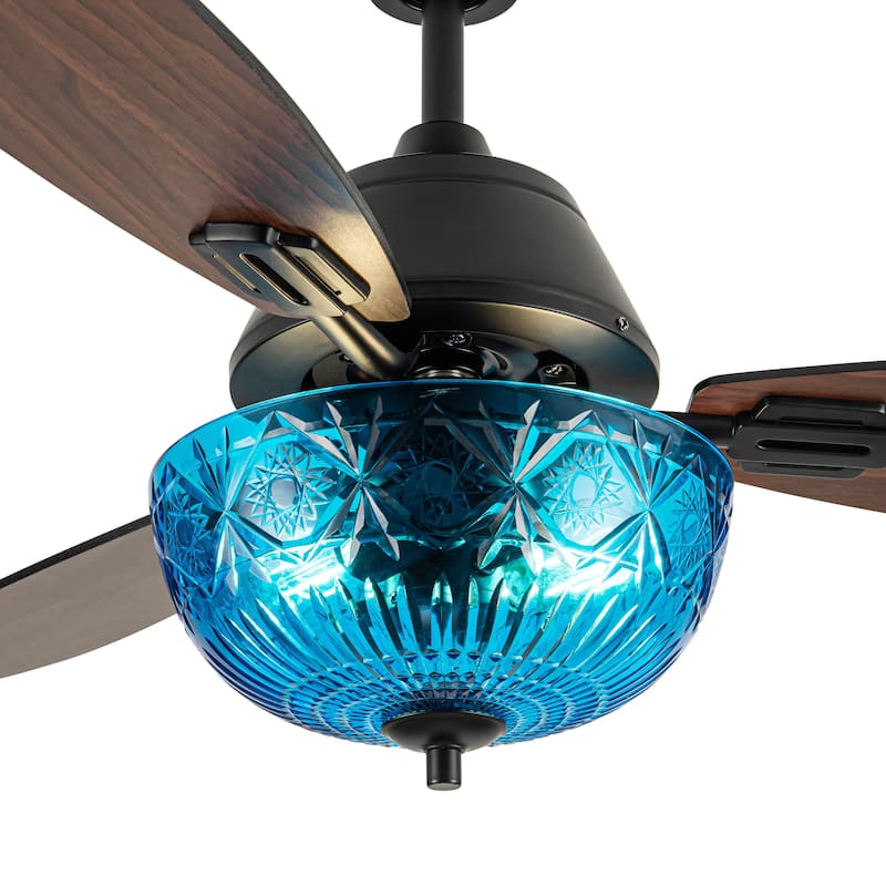 Maisie River of Goods 3-blade 42-inch Modern Indoor Ceiling Fan with Blue Hand-Cut Glass Globe Shade and Remote Control