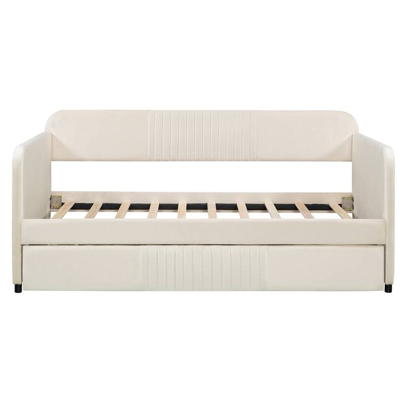 Twin Size Upholstered Daybed Sofa Bed with Trundle and Wood Slat, Light Blue/Beige/Gray