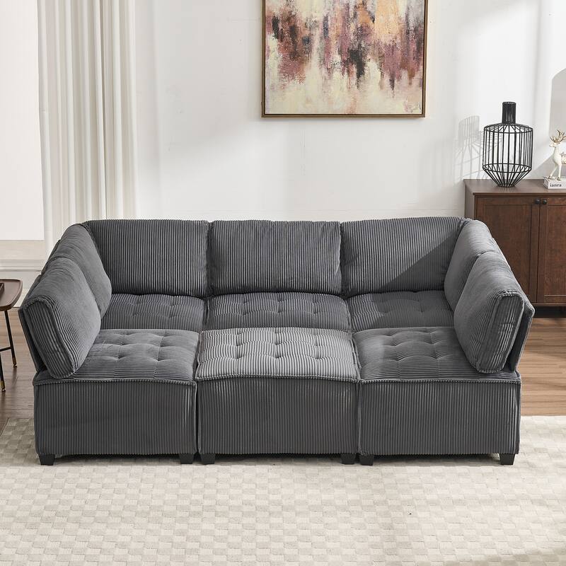 121.26" Corduroy Modular Sectional Sofa 6- Seat U Shaped Couch with Reversible Chaise and Ottoman