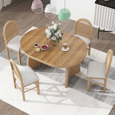 5-Piece Retro Functional Dining Set with 1 Extendable Dining Table and 4 Upholstered Chairs with Rattan Backrests