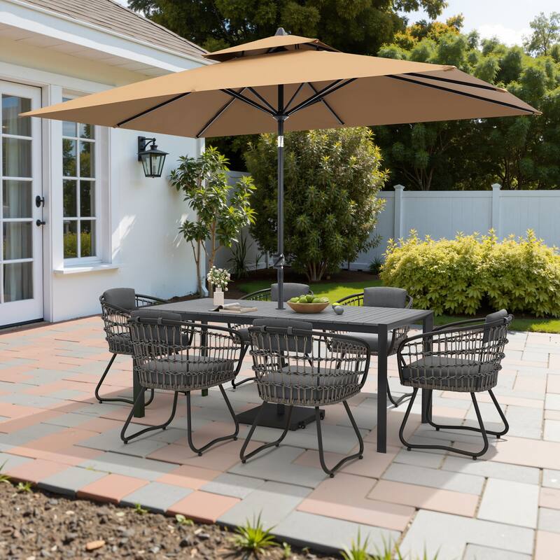 9/11-Piece Outdoor Dining Set Aluminum Table and Rattan Chairs w/10 ft Market Umbrella and Base