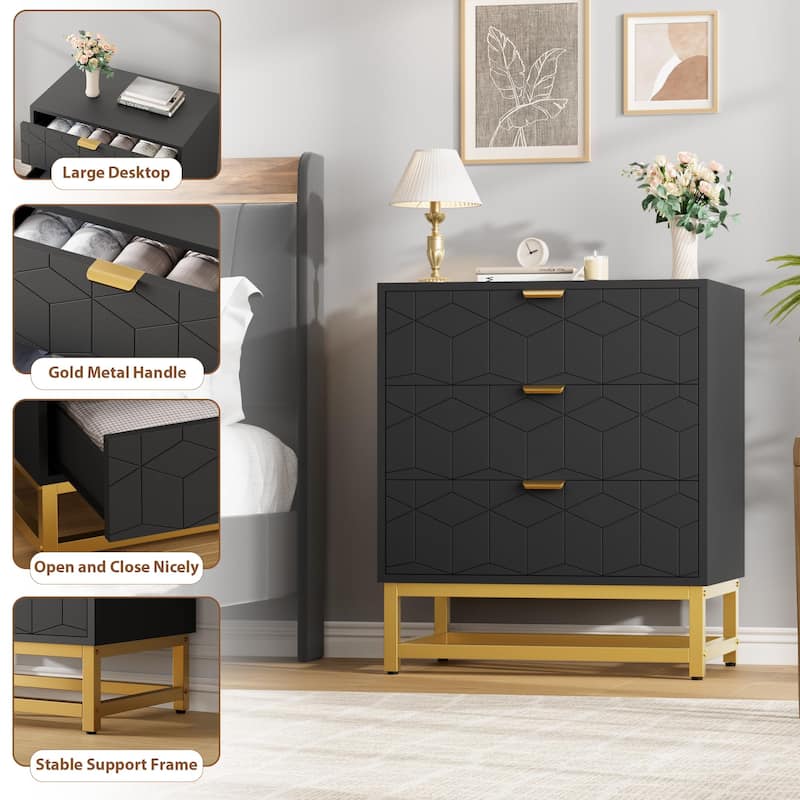 3 Drawer Dresser with Metal Legs, Wood Storage Chest for Bedroom, Living Room, Hallway, Wide Organizer