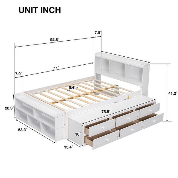 Full Size Platform Bed with Bookcase Headboard, Under Bed Storage Drawers and Bed End Storage Case, White