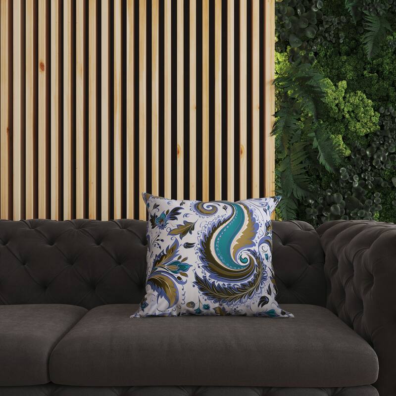 Blue And Olive Lavish Paisley Faux Suede Throw Pillow Zipper