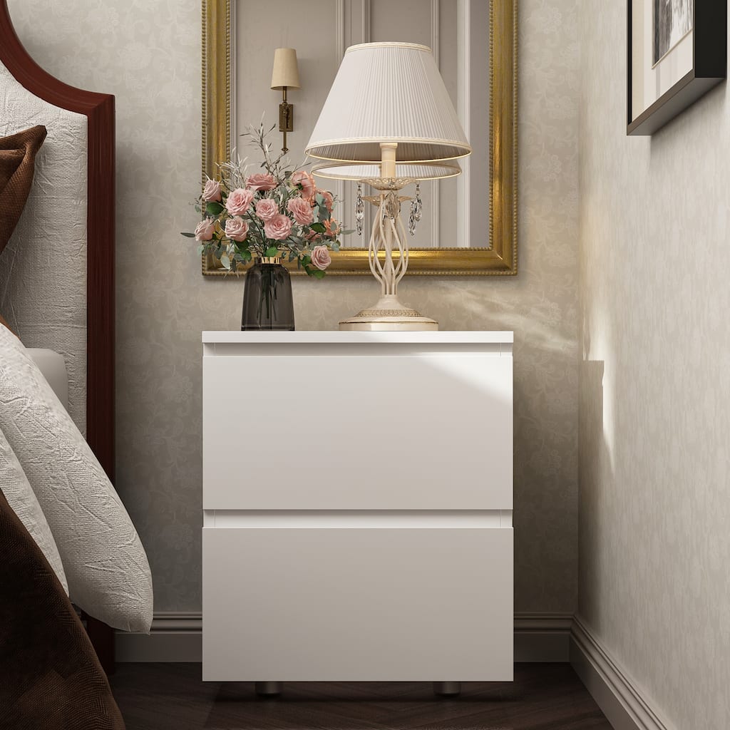 Minimalist White Bedside Table with Two Drawers, Nightstand for Bedroom or Living Room