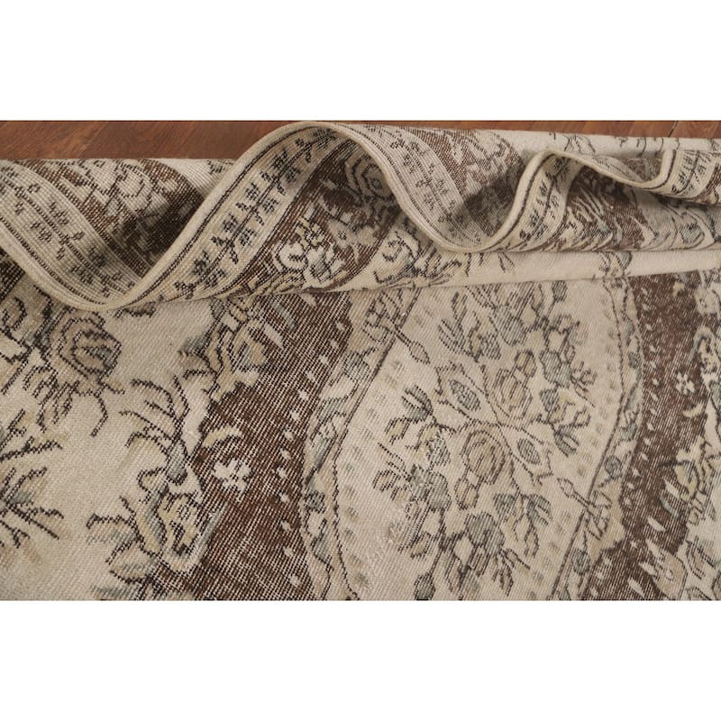 Distressed Ivory Sparta Turkish Vintage Area Rug Handmade Wool Carpet - 5'9"x 9'2"