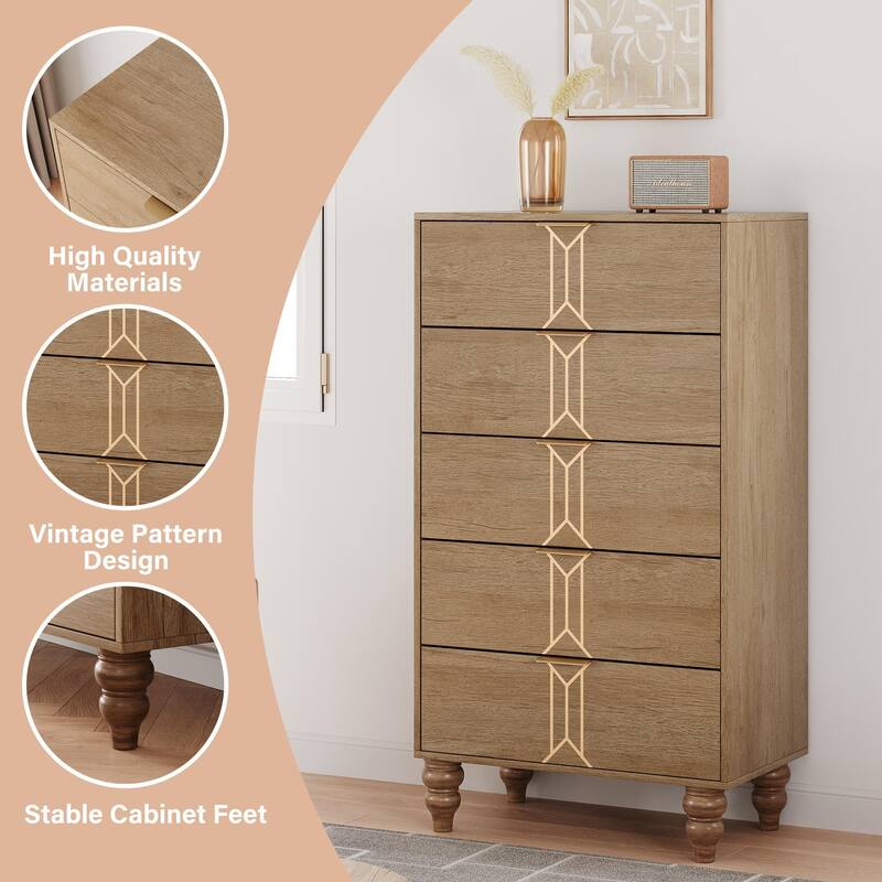 Modern Wooden 5/6 Drawer Dresser with Vintage Pattern Design