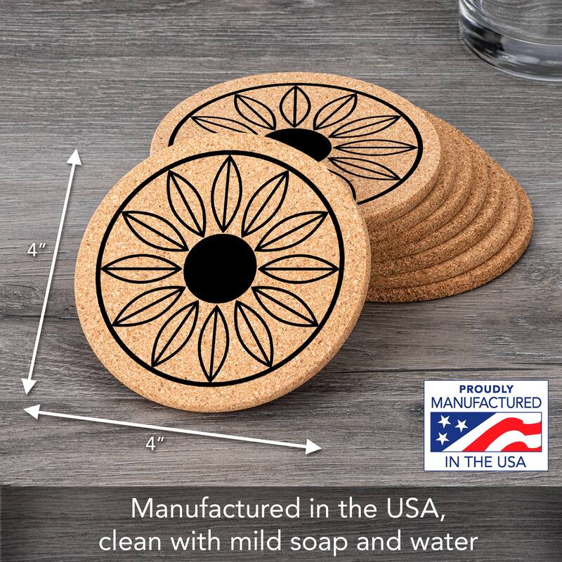 Sunflower 4 Pack Absorbent Cork Coaster Made in The USA 4" Round