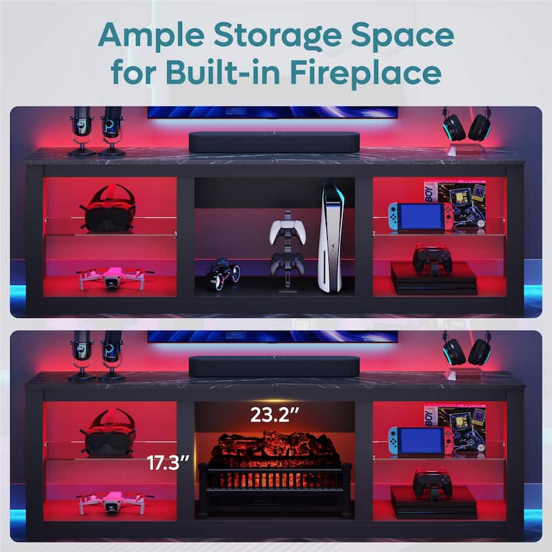 70-Inch LED TV Stand with Tempered Glass Shelves and Open Cabinet - 71 in