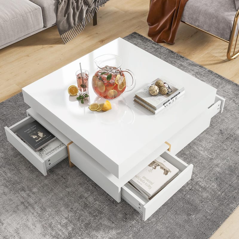 Stylish High Gloss Coffee Table with 4 Drawers - White