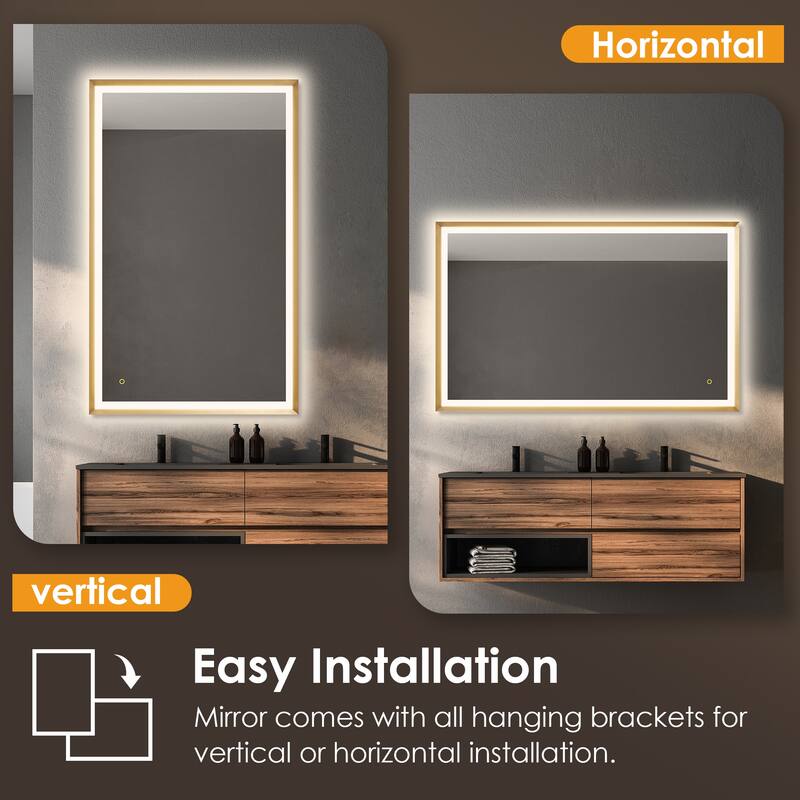 Apollo Rectangular Anti-Fog Dimmable Modern Bathroom/Vanity LED Lighted Wall Mirror in Brushed Gold Aluminum Framed