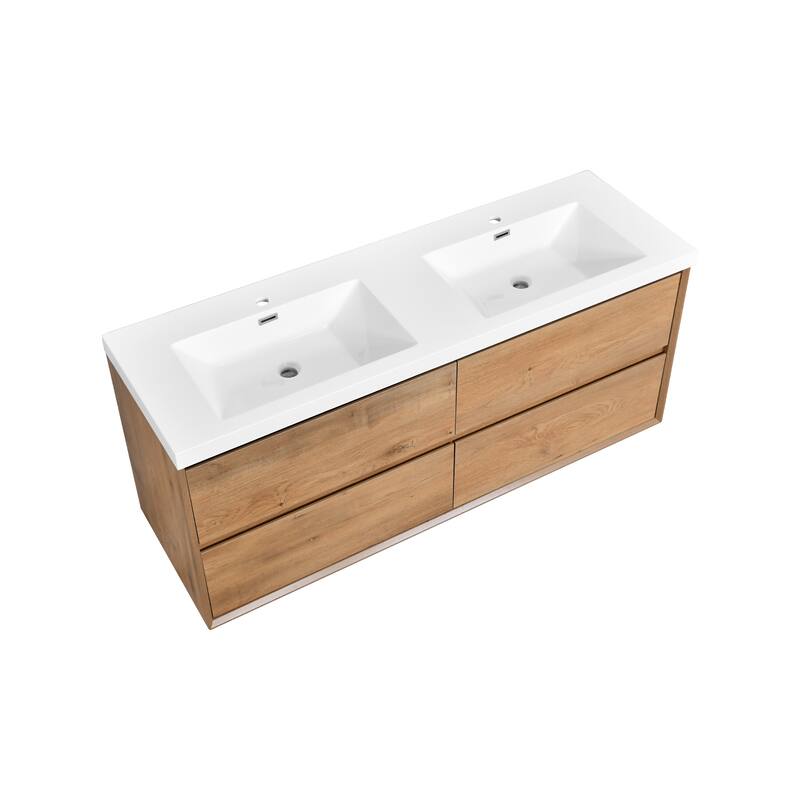 NebulaSky 60 in Wall Mounted Double Sink Bathroom Vanity with Top Combo Cabinet Vanity Set Invisible Handles