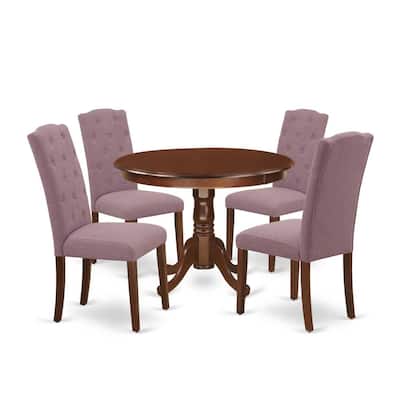 HomeStock 5-Piece Round Mahogany Finish Solid Wood Top Dining Table with 4-Parson Chair with Lattice Back