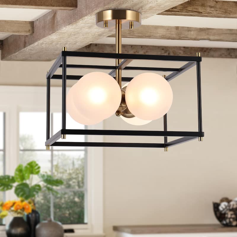 Modern 4-Light Black Gold Chandelier Square Semi Flush Mount Frosted Glass Ceiling Light for Kitchen - L13.5" x W13.5" x H13.5"