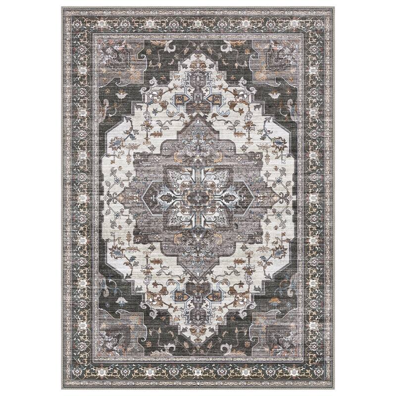 Mcow Floral Dark Gray Low-Pile Machine-Washable Non-Slip Area Rug