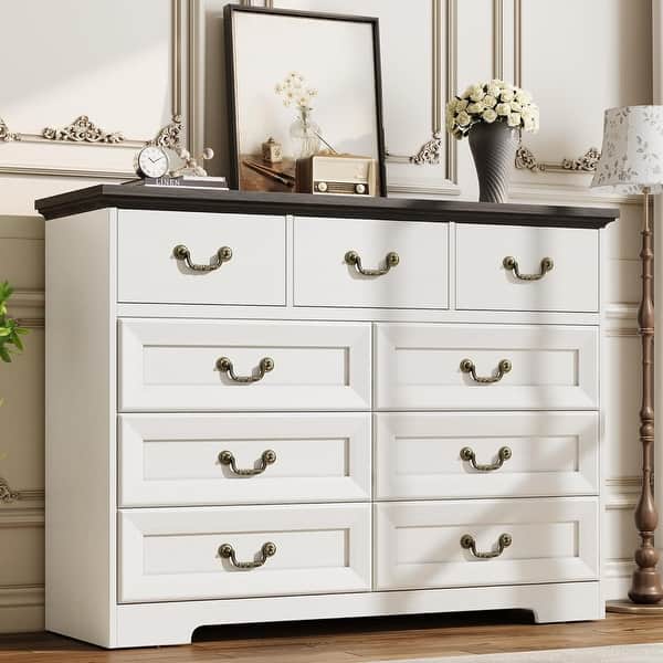 white dresser with black top Retro 9-Drawer Dresser, 47.2