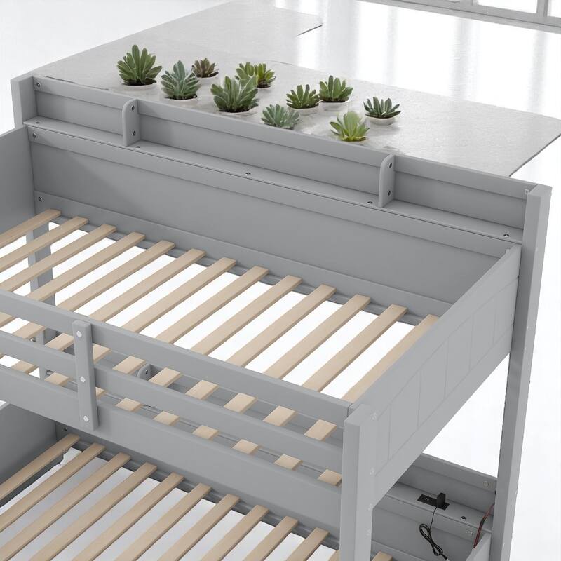 Twin Over Full Bunk Bed with Storage Shelves, LED Lights, Charging Station, and Drawer, kid bed,Storage bed