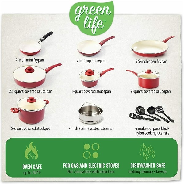 FREE SHIPPING GreenLife Soft Grip 16pc Ceramic Non-Stick Cookware Set, Red  - Bed Bath & Beyond - 31480918