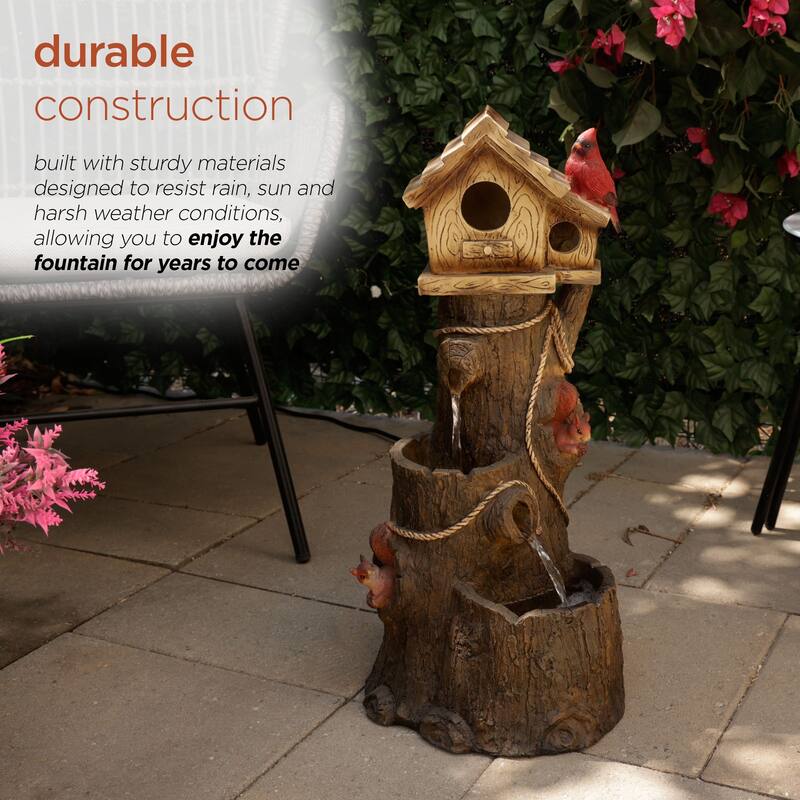 Alpine Corporation ZEN552 24" Outdoor Multitiered Tree & Cardinal Birdhouse Fountain - Rustic Water Feature for Patio & Garden
