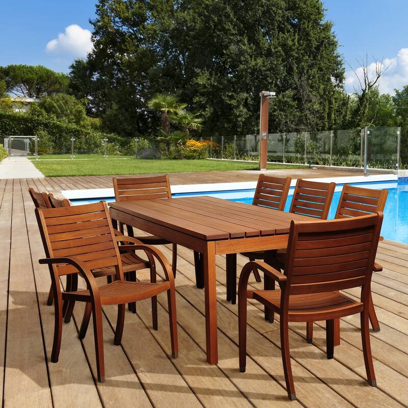 9-Piece Brown Freeman Eucalyptus Rectangular Patio Dining Set 82.5"